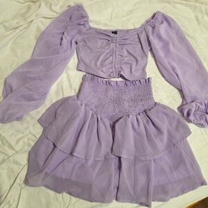 Lavender Fairycore Two-Piece Set Ruched Crop Top And Skirt
